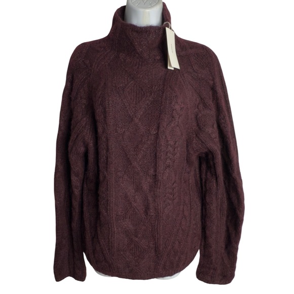 New Vince Burgundy Aran Cable Knit Mock Neck Alpaca Blend Sweater Size L - Picture 2 of 14